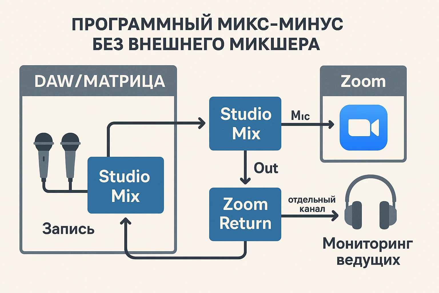 Схема программного микс-минуса: виртуальные устройства Studio Mix, N-1 Send и Zoom Return, раздельные маршруты в Zoom и в мониторинг